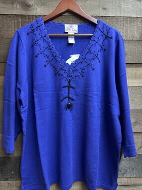 Quacker Factory Halloween Embellished Dangling Spider Top 1X Purple NWT